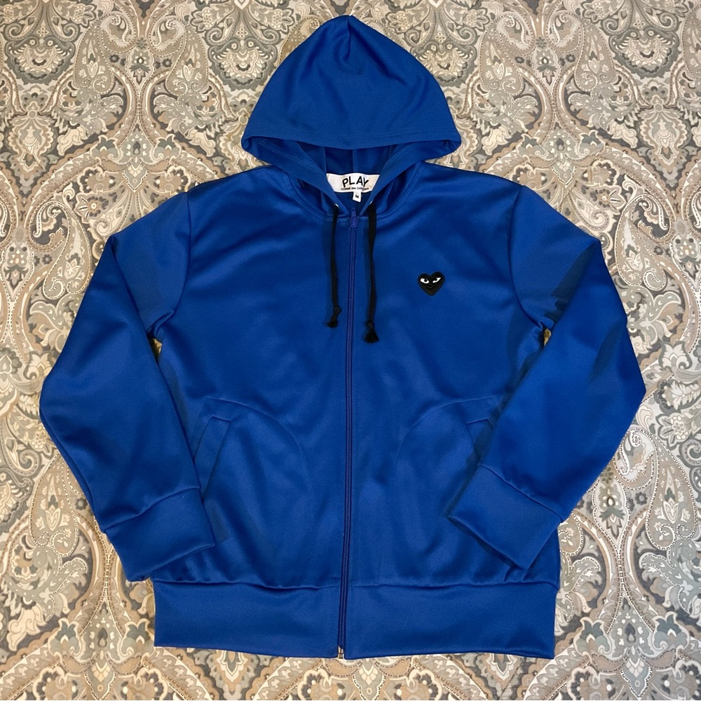 Mint COMME DES GARÇONS CDG PLAY Blue Heart Full Zip Back Print Hoodie Sz Medium